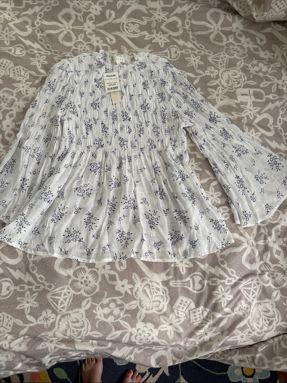 Adiva White Blouse with Navy Floral Print and Bell Sleeves